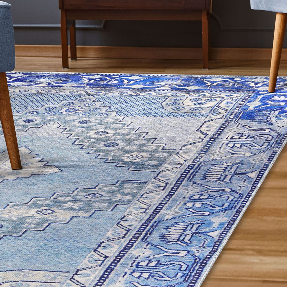 6' X 9' Shades Of Blue Geometric Power Loom Distressed Stain Resistant Non Skid Area Rug