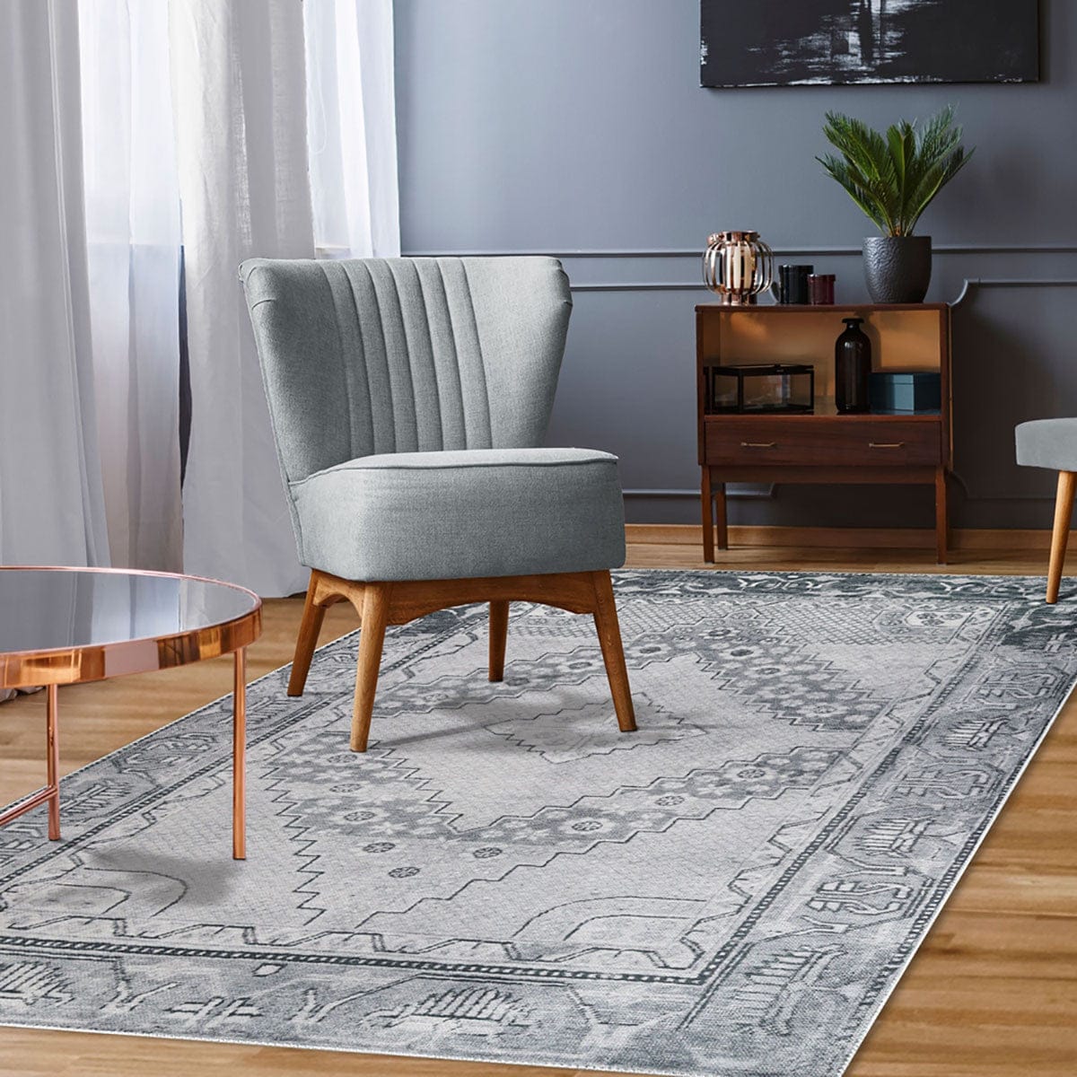 6' X 9' Light Gray Geometric Power Loom Distressed Stain Resistant Non Skid Area Rug