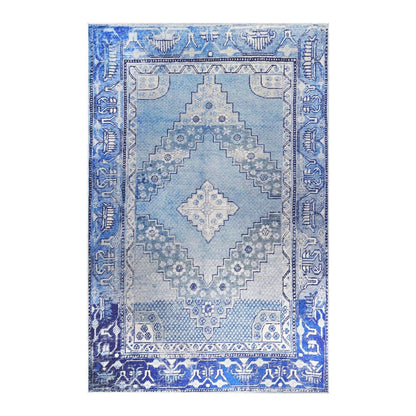 5' X 8' Shades Of Blue Geometric Power Loom Distressed Stain Resistant Non Skid Area Rug