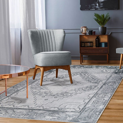 5' X 8' Light Gray Geometric Power Loom Distressed Stain Resistant Non Skid Area Rug