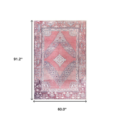 5' X 8' Pink Geometric Power Loom Distressed Stain Resistant Non Skid Area Rug