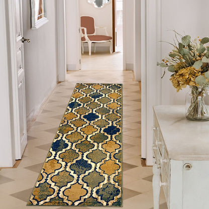 8' Green Quatrefoil Power Loom Distressed Stain Resistant Runner Rug