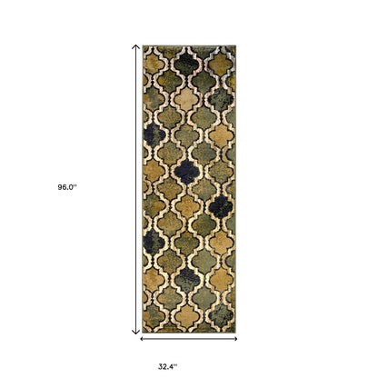 8' Green Quatrefoil Power Loom Distressed Stain Resistant Runner Rug