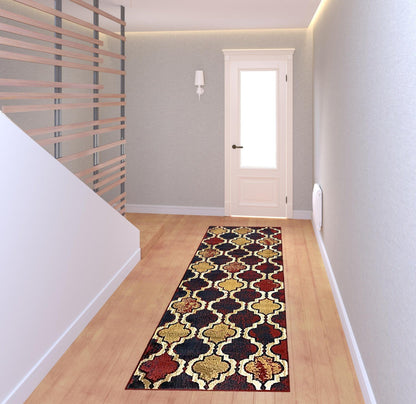 8' Red Blue Quatrefoil Power Loom Distressed Stain Resistant Runner Rug