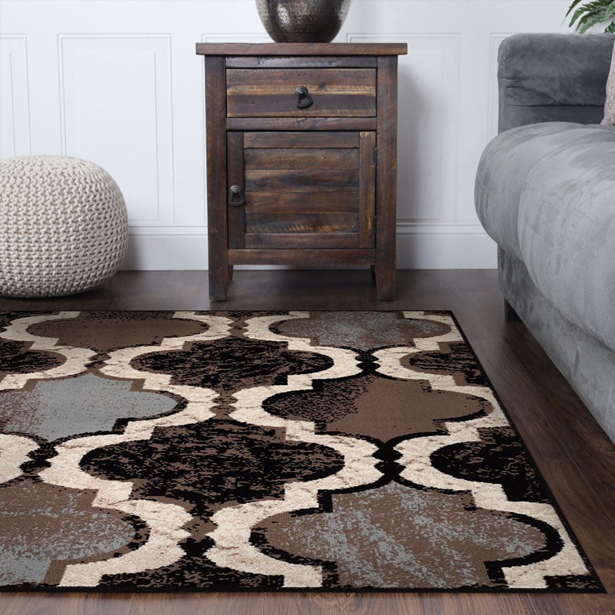 8' Square Chocolate Square Quatrefoil Power Loom Distressed Stain Resistant Area Rug