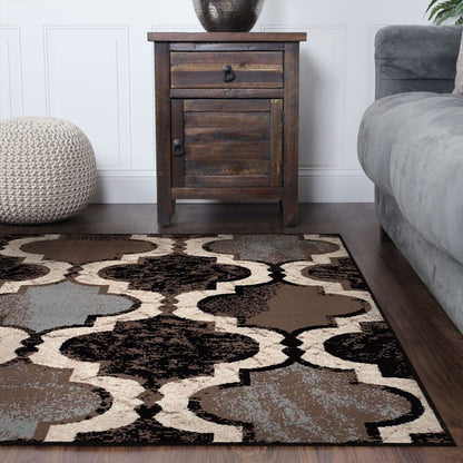 8' Square Chocolate Square Quatrefoil Power Loom Distressed Stain Resistant Area Rug