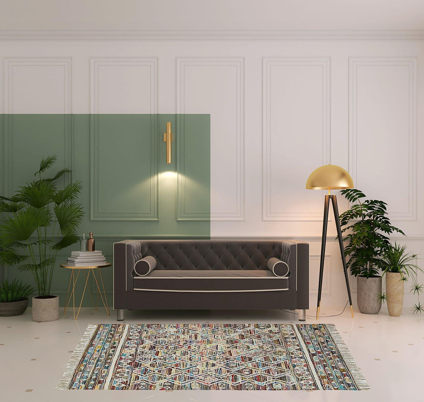 5' X 8' Ivory Blue Pink Gold And Green Geometric Hand Woven Area Rug With Fringe