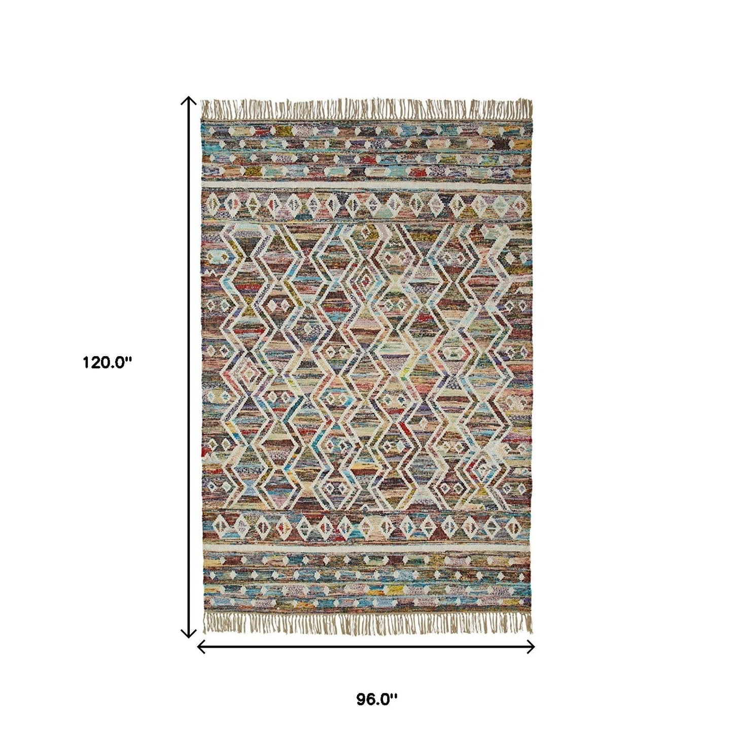 8' X 10' Ivory Blue Pink Gold And Green Geometric Hand Woven Area Rug With Fringe