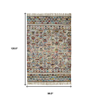 8' X 10' Ivory Blue Pink Gold And Green Geometric Hand Woven Area Rug With Fringe