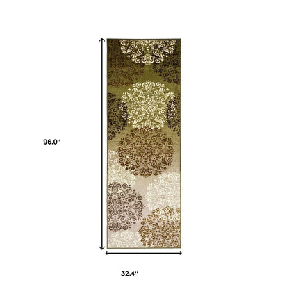 8' Greens And Browns Floral Power Loom Non Skid Runner Rug
