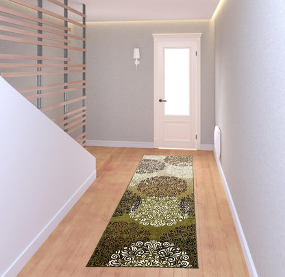 8' Greens And Browns Floral Power Loom Non Skid Runner Rug