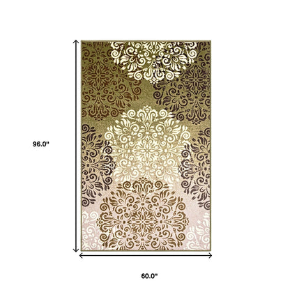 5' X 8' Greens And Browns Floral Power Loom Non Skid Area Rug