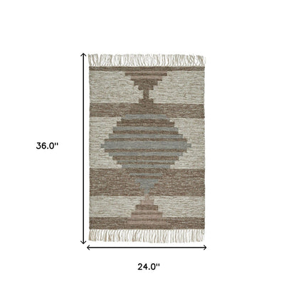 2' X 3' Grey Geometric Flatweave Handmade Stain Resistant Area Rug With Fringe