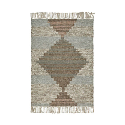 2' X 3' Light Blue Geometric Flatweave Handmade Stain Resistant Area Rug With Fringe