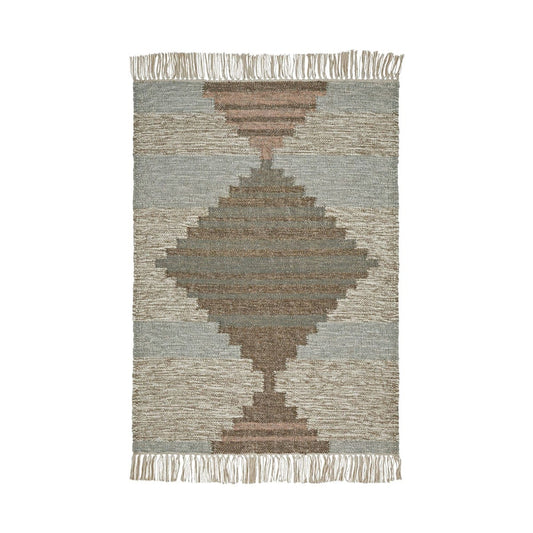 2' X 3' Light Blue Geometric Flatweave Handmade Stain Resistant Area Rug With Fringe