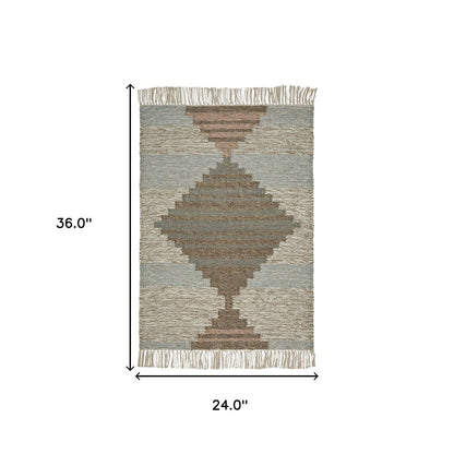 2' X 3' Light Blue Geometric Flatweave Handmade Stain Resistant Area Rug With Fringe
