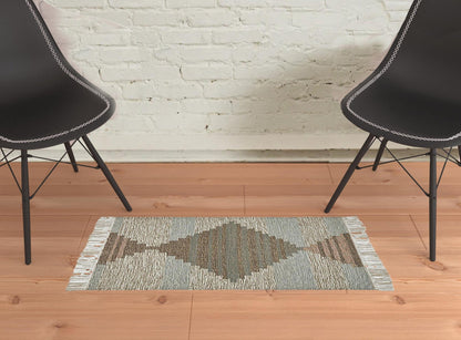 2' X 3' Light Blue Geometric Flatweave Handmade Stain Resistant Area Rug With Fringe