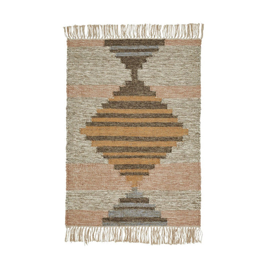 2' X 3' Vanilla Cream Geometric Flatweave Handmade Stain Resistant Area Rug With Fringe