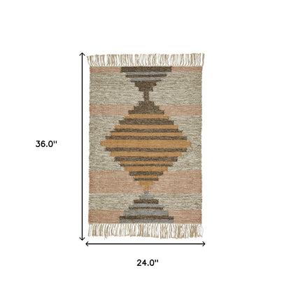 2' X 3' Vanilla Cream Geometric Flatweave Handmade Stain Resistant Area Rug With Fringe
