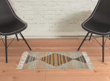 2' X 3' Vanilla Cream Geometric Flatweave Handmade Stain Resistant Area Rug With Fringe