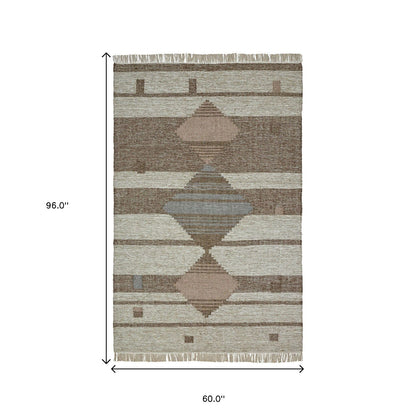 5' X 8' Grey Geometric Flatweave Handmade Stain Resistant Area Rug With Fringe