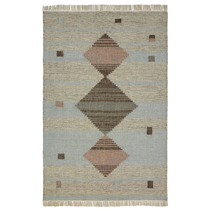 5' X 8' Light Blue Geometric Flatweave Handmade Stain Resistant Area Rug With Fringe