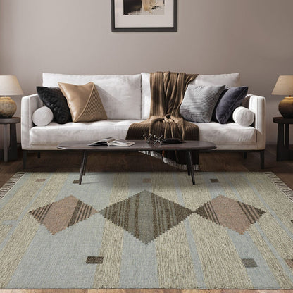 5' X 8' Light Blue Geometric Flatweave Handmade Stain Resistant Area Rug With Fringe