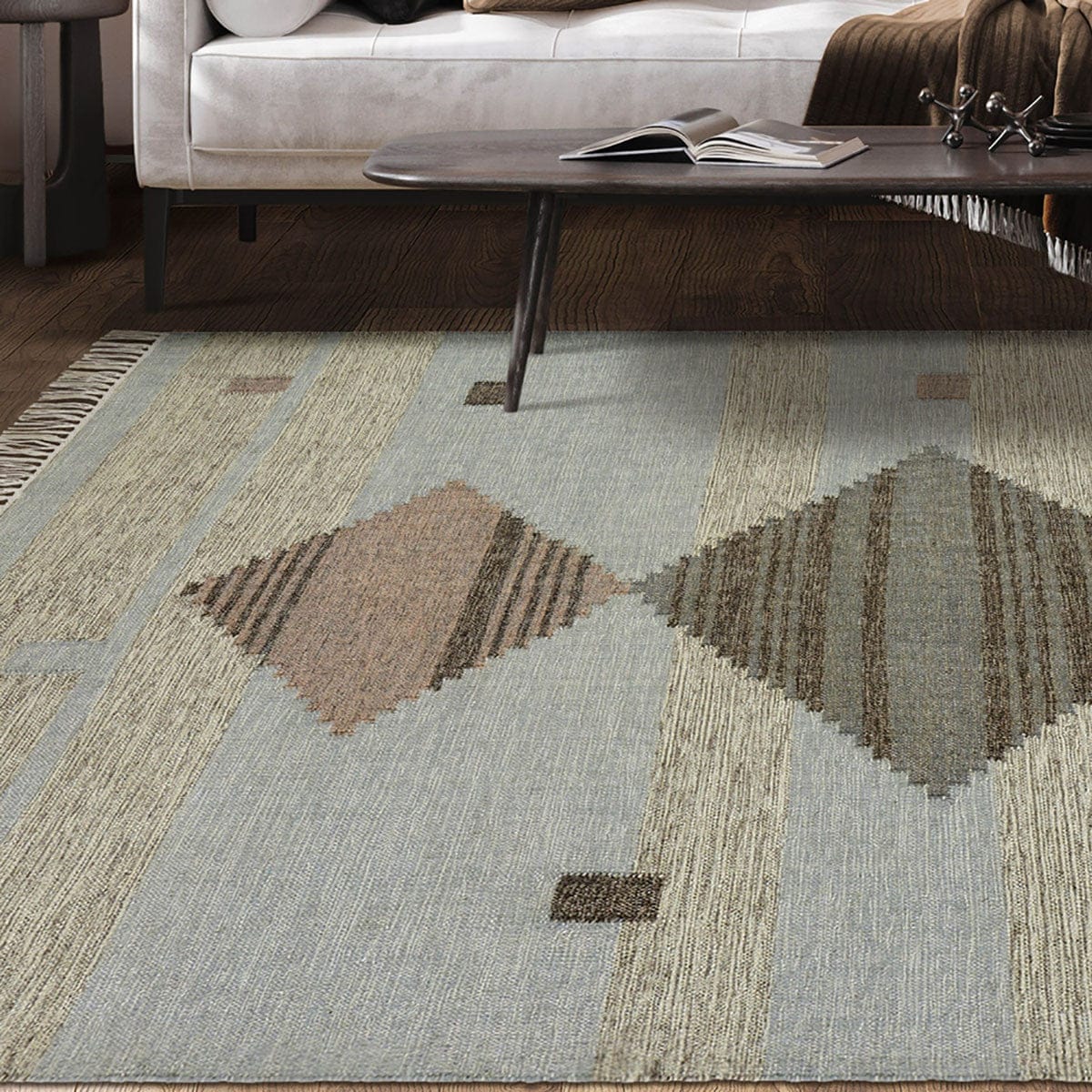 5' X 8' Light Blue Geometric Flatweave Handmade Stain Resistant Area Rug With Fringe