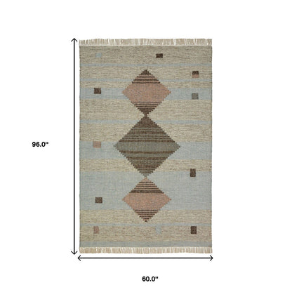 5' X 8' Light Blue Geometric Flatweave Handmade Stain Resistant Area Rug With Fringe