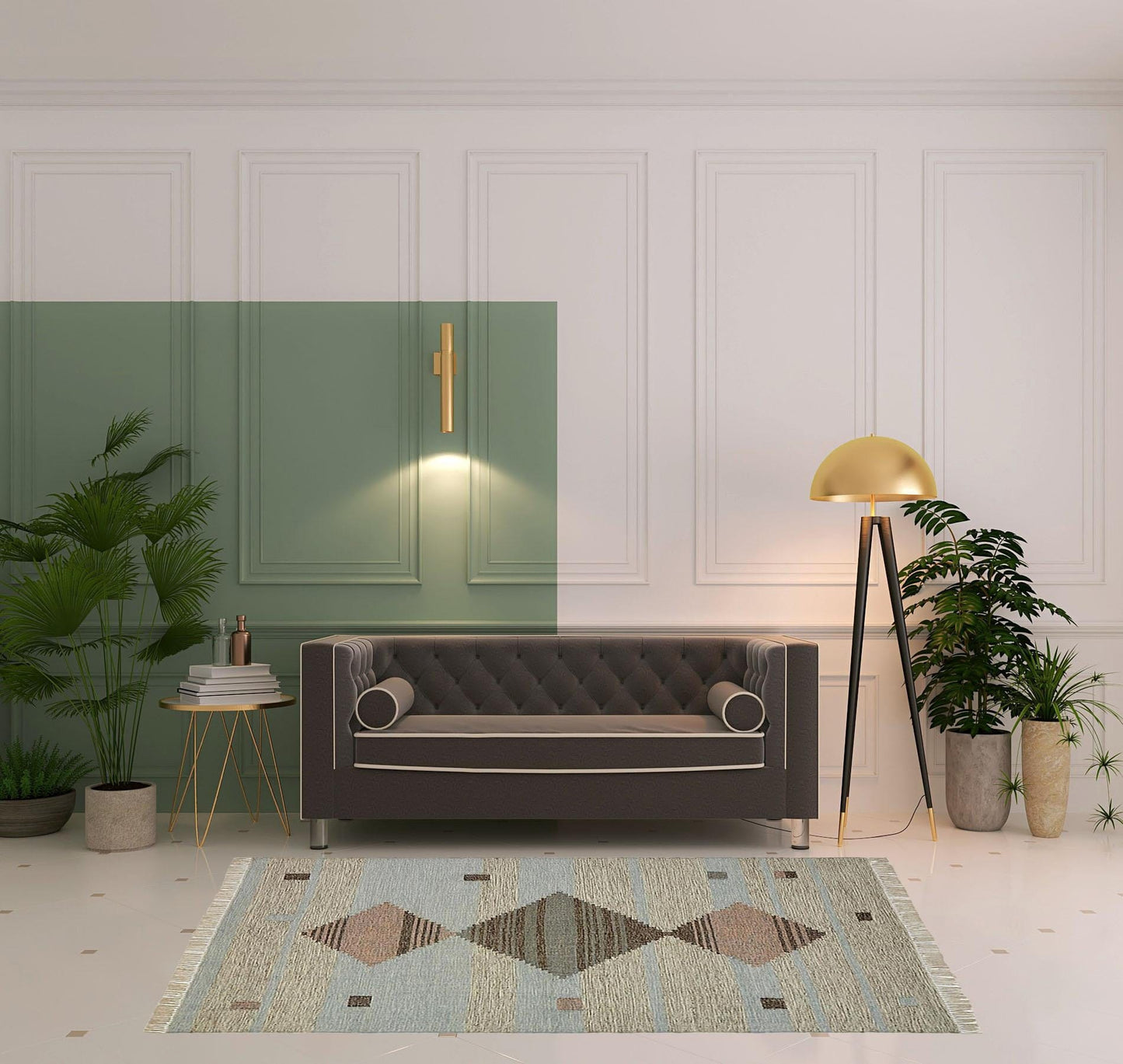 5' X 8' Light Blue Geometric Flatweave Handmade Stain Resistant Area Rug With Fringe