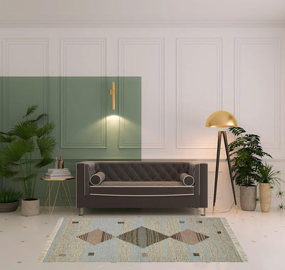 5' X 8' Light Blue Geometric Flatweave Handmade Stain Resistant Area Rug With Fringe