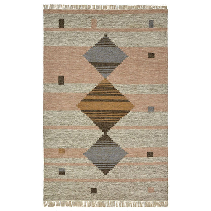 5' X 8' Vanilla Cream Geometric Flatweave Handmade Stain Resistant Area Rug With Fringe