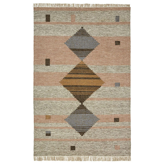 5' X 8' Vanilla Cream Geometric Flatweave Handmade Stain Resistant Area Rug With Fringe
