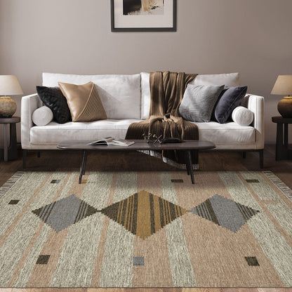 5' X 8' Vanilla Cream Geometric Flatweave Handmade Stain Resistant Area Rug With Fringe