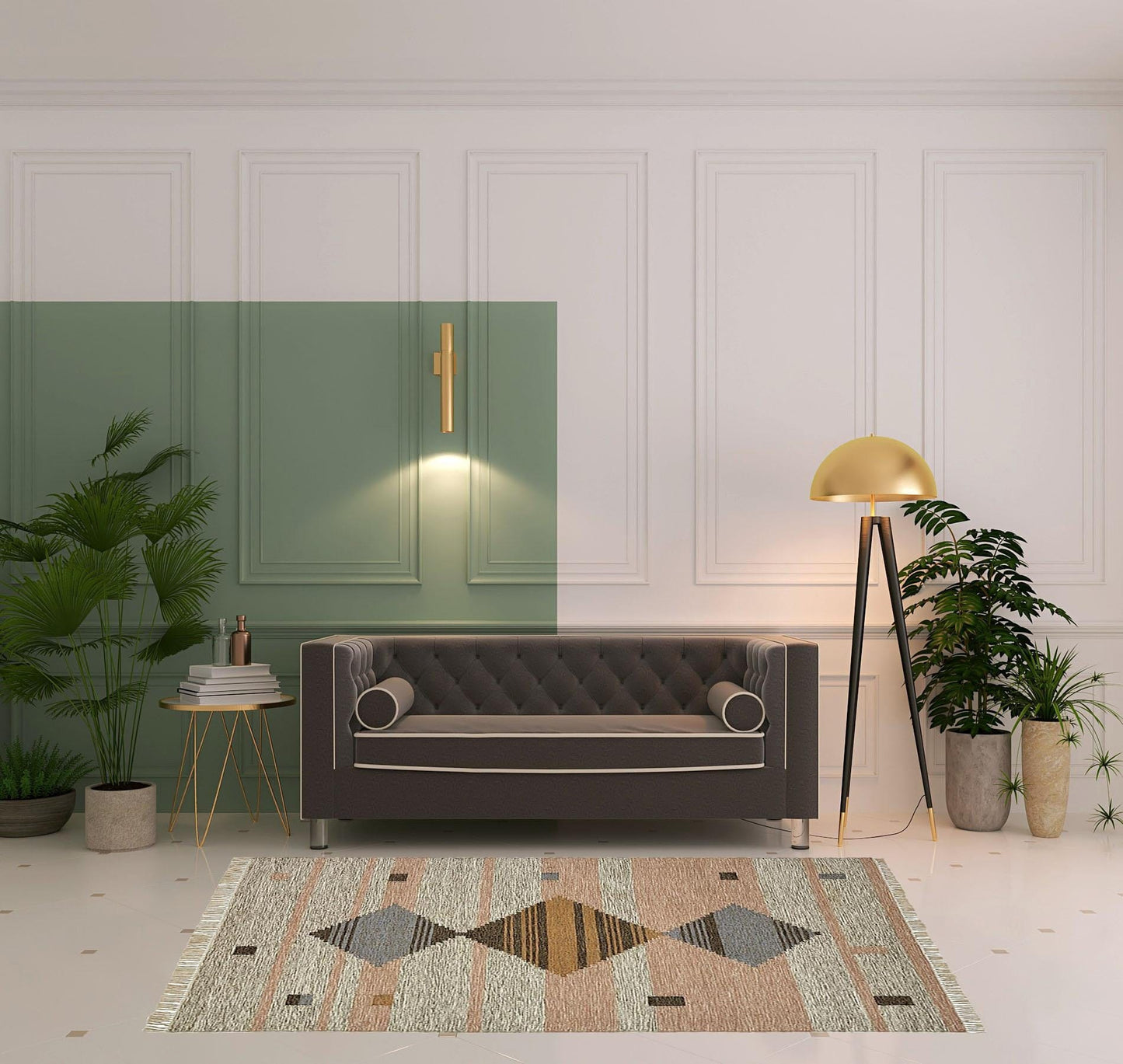 5' X 8' Vanilla Cream Geometric Flatweave Handmade Stain Resistant Area Rug With Fringe