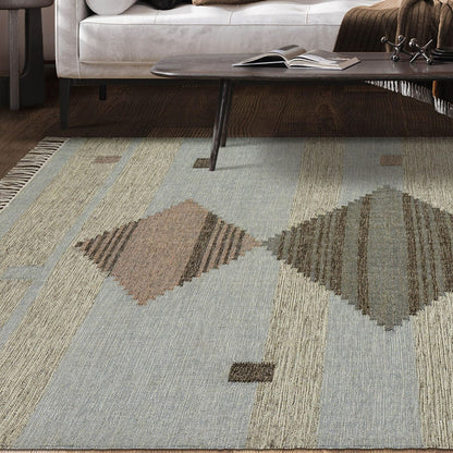 8' X 10' Light Blue Geometric Flatweave Handmade Stain Resistant Area Rug With Fringe