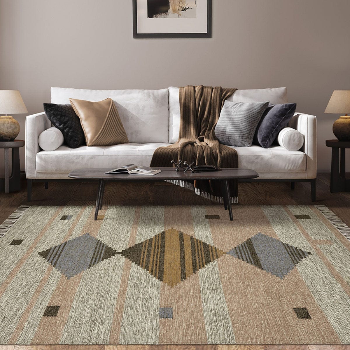 8' X 10' Vanilla Cream Geometric Flatweave Handmade Stain Resistant Area Rug With Fringe