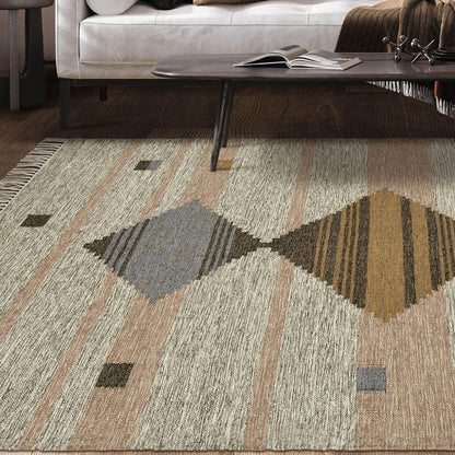 8' X 10' Vanilla Cream Geometric Flatweave Handmade Stain Resistant Area Rug With Fringe