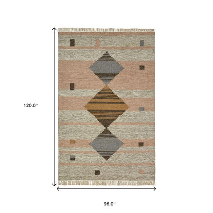 8' X 10' Vanilla Cream Geometric Flatweave Handmade Stain Resistant Area Rug With Fringe
