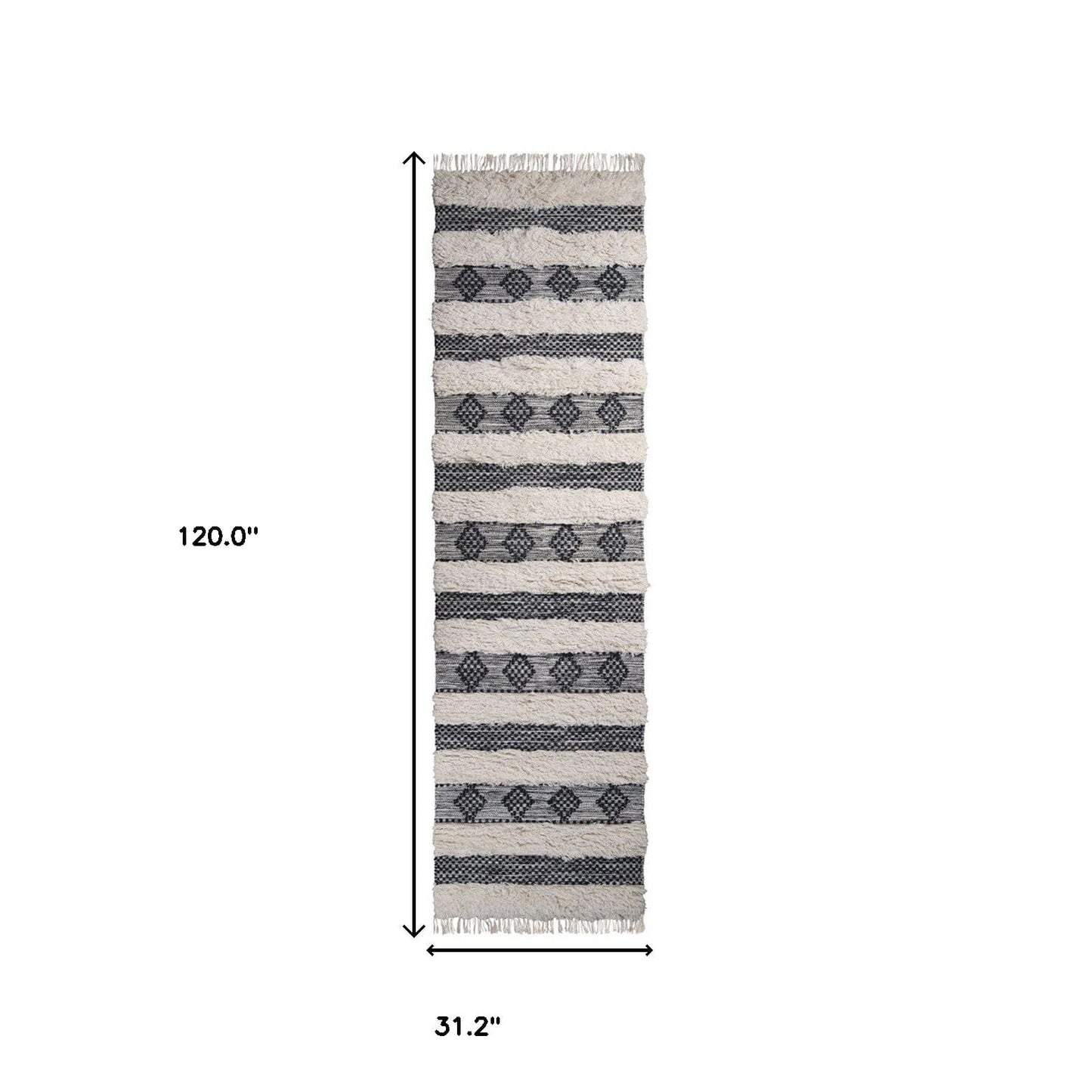 10' Black And Ivory Wool Striped Flatweave Handmade Stain Resistant Runner Rug With Fringe