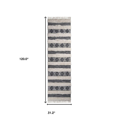 10' Black And Ivory Wool Striped Flatweave Handmade Stain Resistant Runner Rug With Fringe