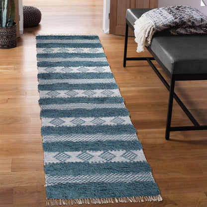 10' Blue And Ivory Wool Striped Flatweave Handmade Stain Resistant Runner Rug With Fringe