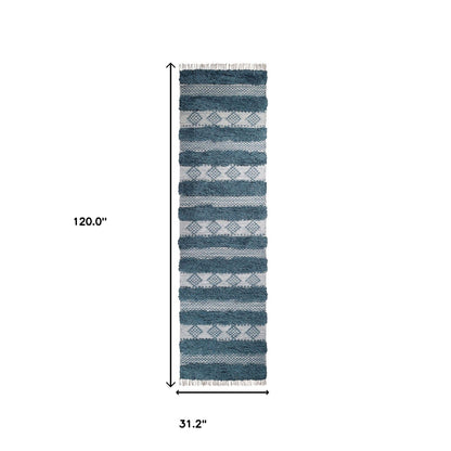 10' Blue And Ivory Wool Striped Flatweave Handmade Stain Resistant Runner Rug With Fringe