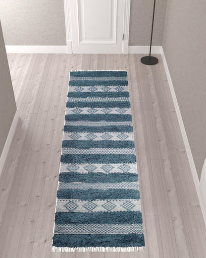 10' Blue And Ivory Wool Striped Flatweave Handmade Stain Resistant Runner Rug With Fringe