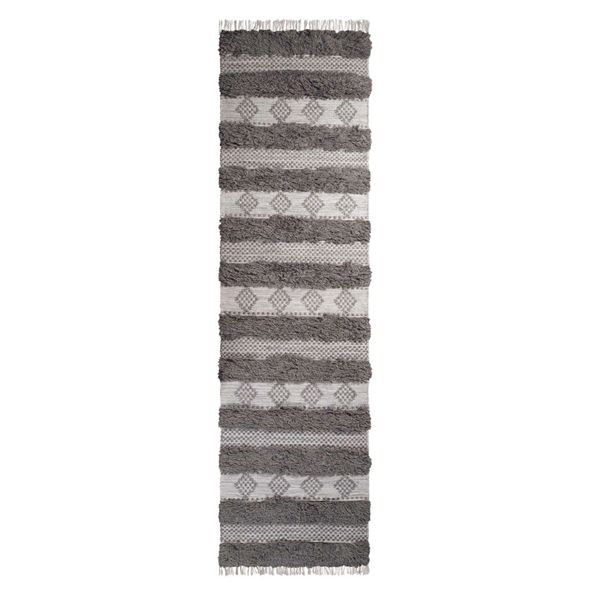 10' Grey And Silver Wool Striped Flatweave Handmade Stain Resistant Runner Rug With Fringe
