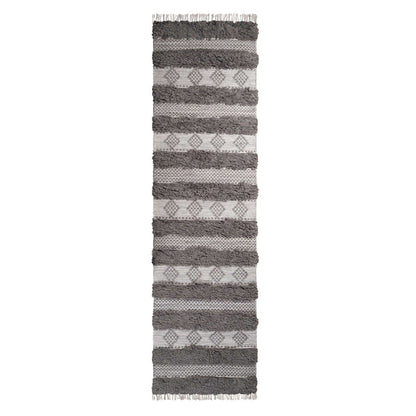 10' Grey And Silver Wool Striped Flatweave Handmade Stain Resistant Runner Rug With Fringe