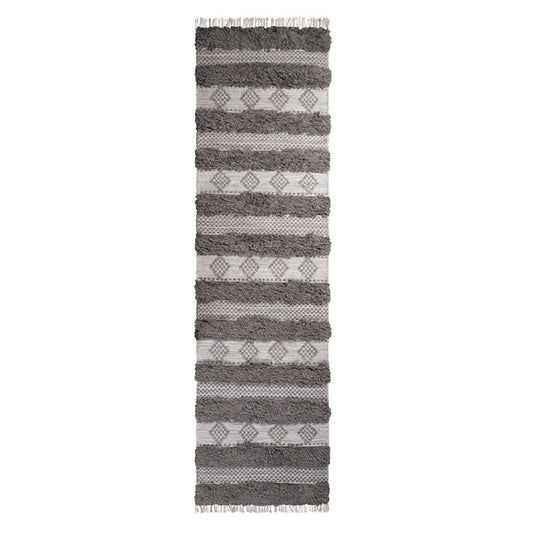 10' Grey And Silver Wool Striped Flatweave Handmade Stain Resistant Runner Rug With Fringe