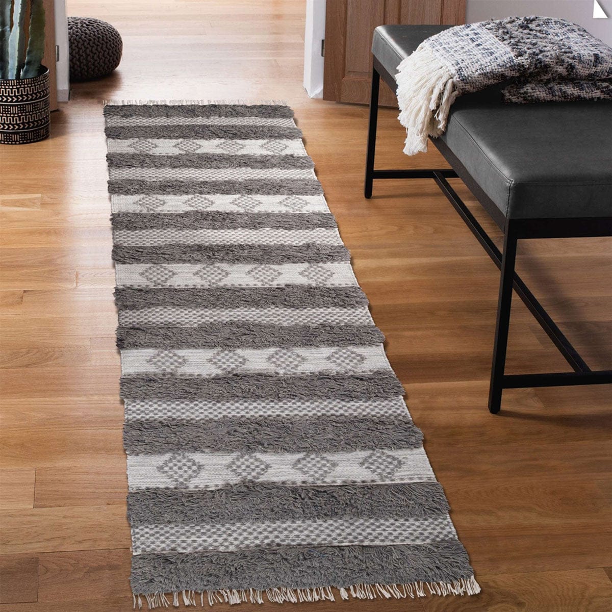 10' Grey And Silver Wool Striped Flatweave Handmade Stain Resistant Runner Rug With Fringe