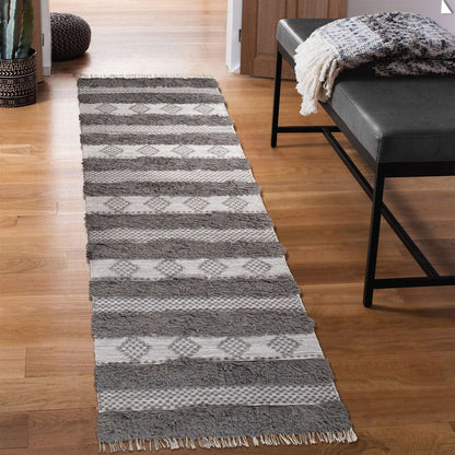 10' Grey And Silver Wool Striped Flatweave Handmade Stain Resistant Runner Rug With Fringe