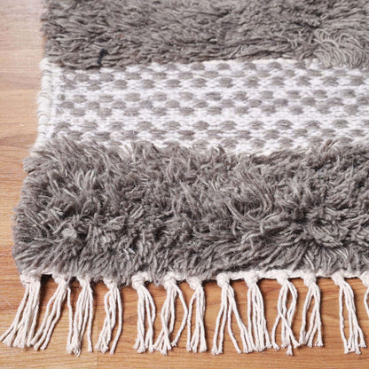10' Grey And Silver Wool Striped Flatweave Handmade Stain Resistant Runner Rug With Fringe